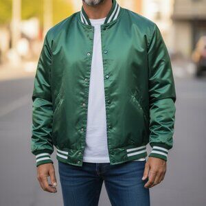 King Louie Vintage Pro Fit Green Nylon Jacket Large USA Made Varsity Bomber Mens